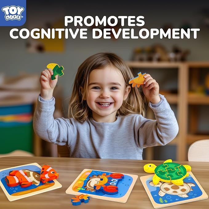 TOY Life Wooden Puzzles for Toddlers 2-4, Sea Animals Puzzles for Toddlers 1-3, Wood Puzzles Educational Montessori Toys Gifts for 1 2 3 Year Old, Baby Kids Learning Toy