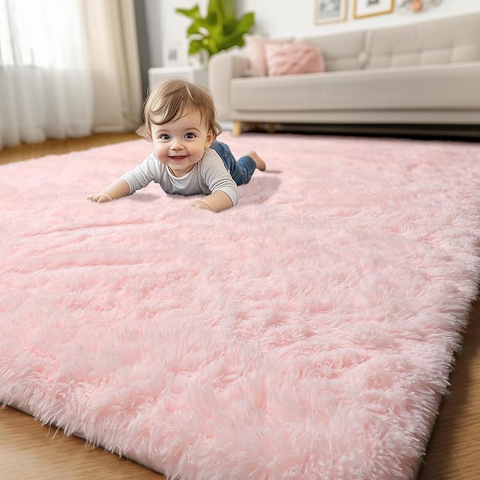 Amdrebio Pink Area Rugs 8x10 for Living Room, Large Fluffy Shag Rug for Bedroom, Kids Room Decor, Big Cute Furry Carpet for Teen Girls, Baby Nursery, Classroom, Soft Fuzzy Cozy Carpets for Playroom
