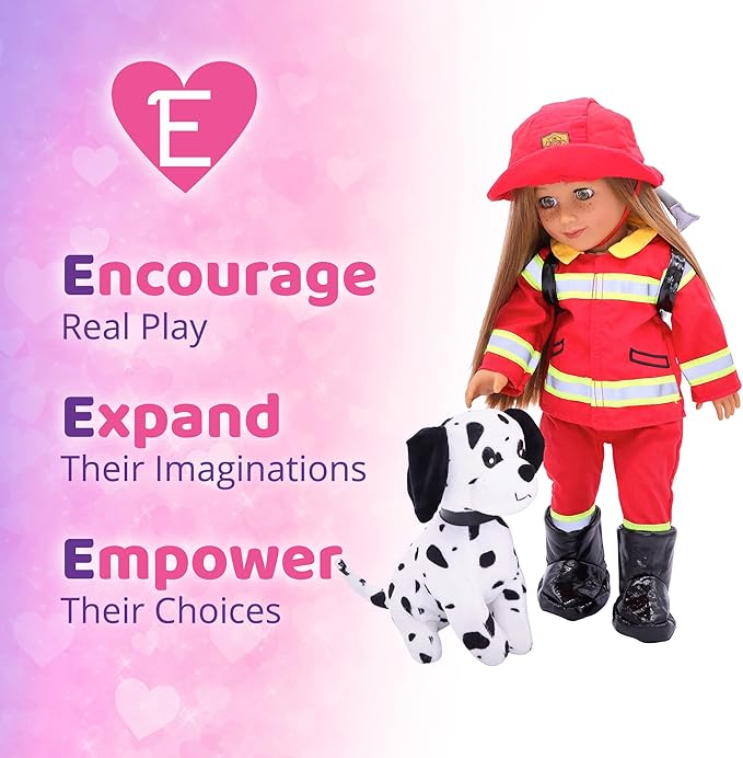 Playtime by Eimmie 18 Inch Doll Clothes - Firefighter Outfit, Matching Hat & Pet Dog Accessories Set - Outfits Fit American, Generation & Similar 18” Girls Dolls - Clothing Sets & Stuff for My Doll