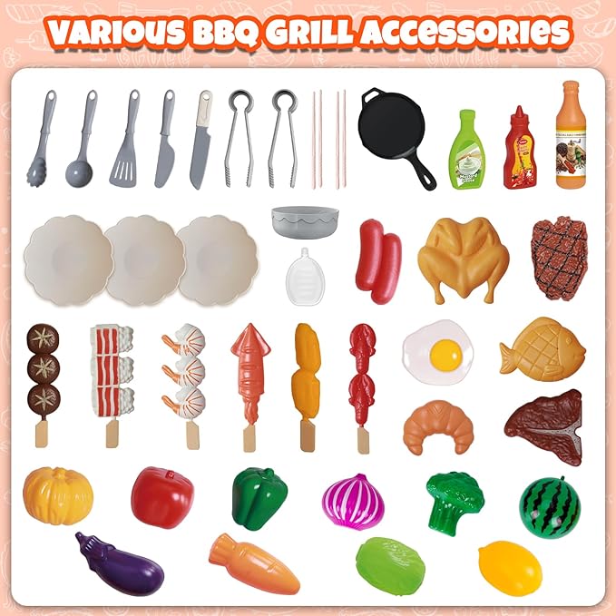 Kids BBQ Grill Playset,Indoor Kitchen Toy,Play Toy Grill Set with Fake Smoke Lights Sounds,Kids Grill Playset Kitchen Toys Set with Sink,2-Layer Barbecue Outdoor Play Grill Toy for Toddler Boys Girls