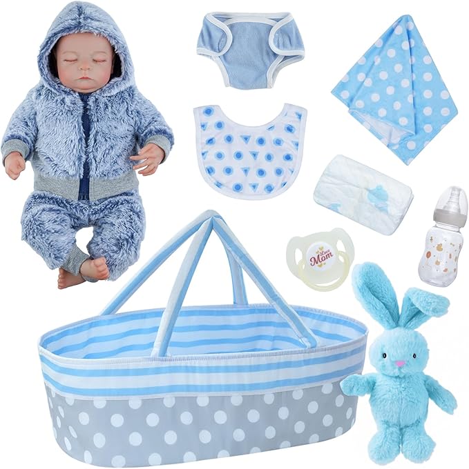 BABESIDE Lifelike Reborn Baby Dolls Boys - 17-Inch Soft Body Realistic-Newborn Baby Full Body Vinyl Anatomically Correct Real Life Baby Dolls with Basket & Rabbit Doll for 3+ Year Old Kids