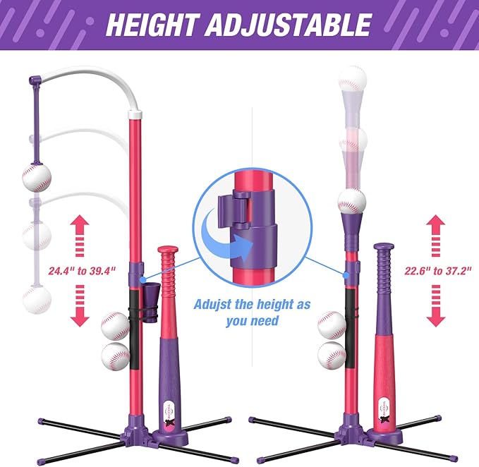 QDRAGON 4 in 1 Tball Set for Toddlers 3-5 with Toss and Catch Ball Set / 2 Bats, Hanging Tee Ball Stand with Auto Pitching Machine, Indoor Outdoor Sport Toys Games Christmas Birthday Gifts for Girls