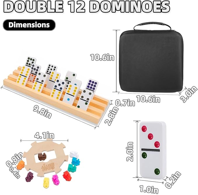 Upgraded Double 12 Mexican Train Dominoes Set with 8 Wooden Racks & 91 Number Tiles Portable Travel Board Game for Kids and Adults Family Game Night