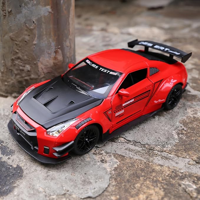 BDTCTK 1/24 Scale Compatible for Nissan GTR Model Car Toy, Zinc Alloy Pull Back Toy car with Sound and Light for Kids Boy Girl Gift (Red)