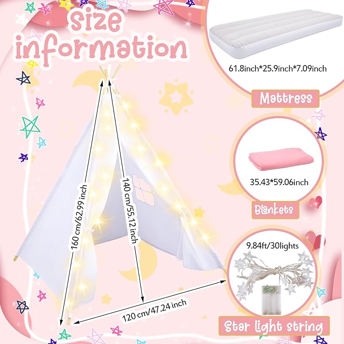 Windyun 6 Pack Kids Teepee Tent Bulk with Light and Inflatable Airbed, Natural Cotton Toddler Play Tent Washable for Girls Boys Indoor Outdoor Slumber Party Birthday Gifts (White)