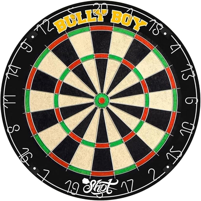 Shot! - Michael Smith Bully Boy Dartboard Cabinet Set | Self-Healing Sisal | Staple-Free Bullseye | Includes 6 Steel Tip Darts | Easy Install, Black, Standard Size, Wood