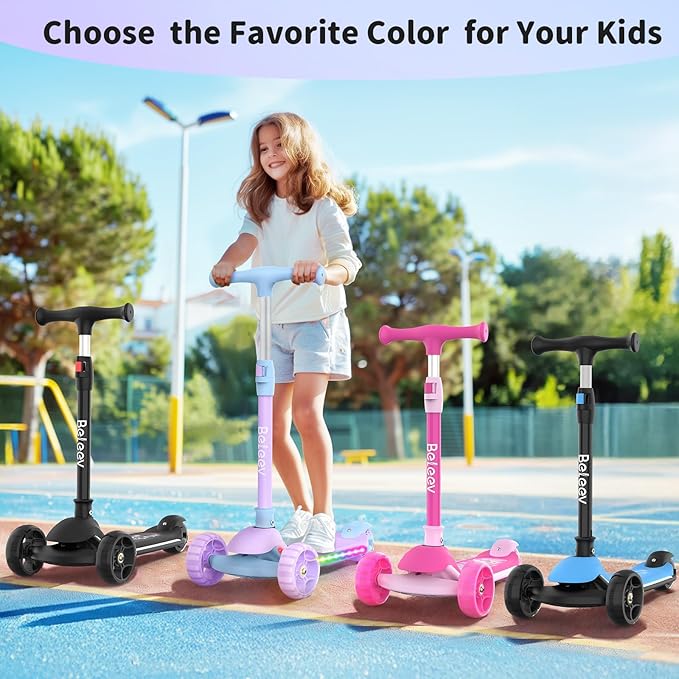 BELEEV A9 Kids Scooter with LED Light-Up Wheels & Deck, 3 Wheel Folding Scooter for Toddlers Girls Boys Ages 3-12, Adjustable Handlebar, Lean to Steer, Extra-Wide Wheels, Kick Scooter for Children