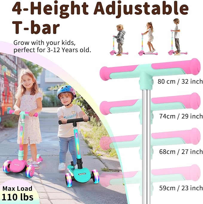 BELEEV A9 Kids Scooter with LED Light-Up Wheels & Deck, 3 Wheel Folding Scooter for Toddlers Girls Boys Ages 3-12, Adjustable Handlebar, Lean to Steer, Extra-Wide Wheels, Kick Scooter for Children