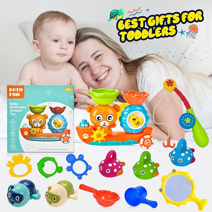 Bath Toys for Kids 1-3 Fishing Games Swimming Wind-up Turtle Toddler Bathtub Toy Water Tub Pool Toys for Baby 1 2 3 4 Years Boys Girls Gift Box
