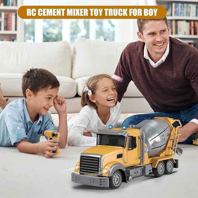 Fistone RC Cement Mixer Toy, 6 Channel Truck With Lights, 1:24 Electric 360 Degree Stirring Vehicle, Rechargeable Construction Truck for Kids