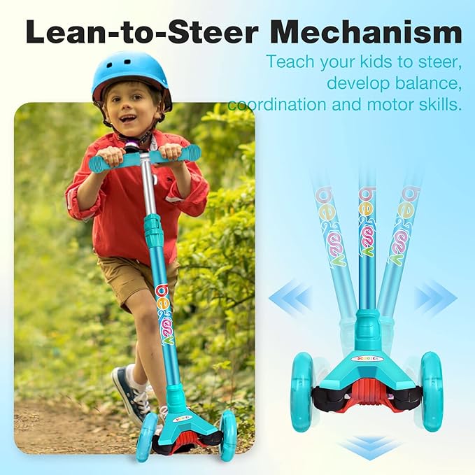 BELEEV A2 Scooters for Kids 3 Wheel Kick Scooter for Toddlers Girls Boys, 4 Adjustable Height, Lean to Steer, Light up Wheels, Extra-Wide Board, Easy to Assemble for Children Gift Sport Toys Ages 3-12