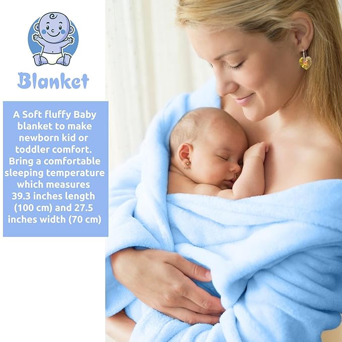 Newborn Baby Gift Set | Baby Gift Basket | Newborn Blanket, Wooden Teether, Security Blanket, Cap, Baby Bibs, Socks & Greeting Card (Blue)