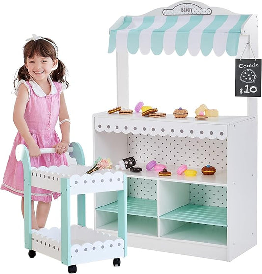 Teamson Kids My Dream Bakery Shop Dessert Stand and Rolling Pastry Cart Interactive Wooden Play Set with 18 Pretend Baked Goods, White and Mint Green with Gray Polka Dot Accents