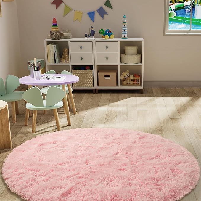 LOCHAS Luxury Round Fluffy Area Rugs for Bedroom Kids Girls Room Nursery, Super Soft Circle Rug, Cute Shaggy Carpet for Children Living Room, 5x5 Feet Pink
