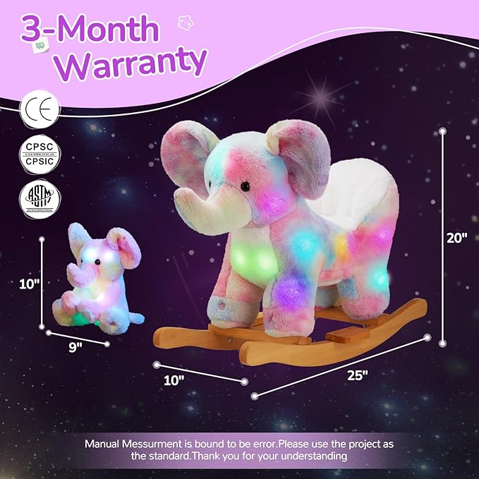 Glow Guards Musical Elephant Baby Rocking Horse Set with Rainbow Plush Toy, Wooden Chair for Toddlers Girls & Babies Age 1-3