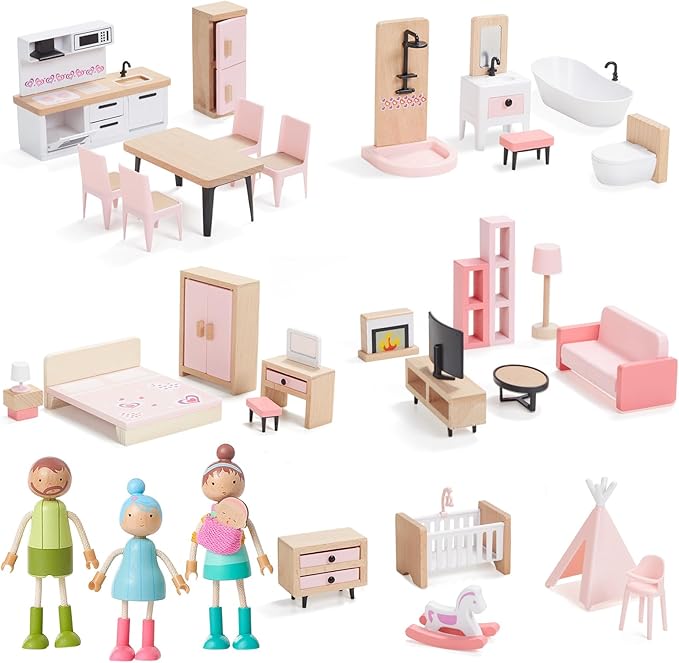 Giant bean 36pcs Wooden Dollhouse Furniture Set with Dolls for 5 Rooms, Wood & Plastic Pink Dollhouse Accessories Pretend Play Furniture Toy Christmas Birthday Gift Toy for Kids Boys Girls Toddler 3+