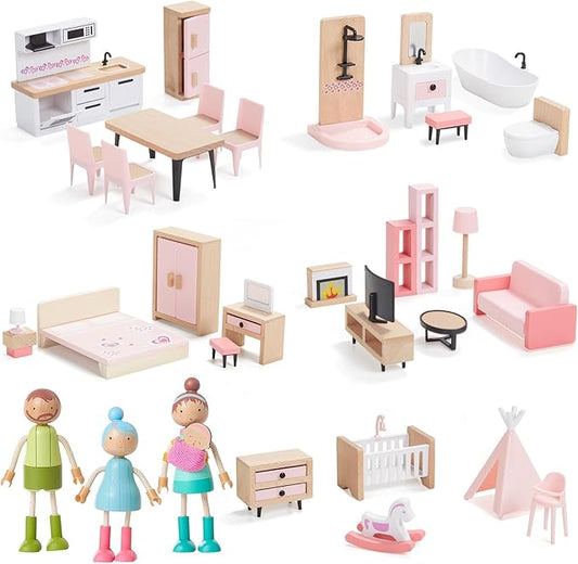 Giant bean 36pcs Wooden Dollhouse Furniture Set with Dolls for 5 Rooms, Wood & Plastic Pink Dollhouse Accessories Pretend Play Furniture Toy Christmas Birthday Gift Toy for Kids Boys Girls Toddler 3+