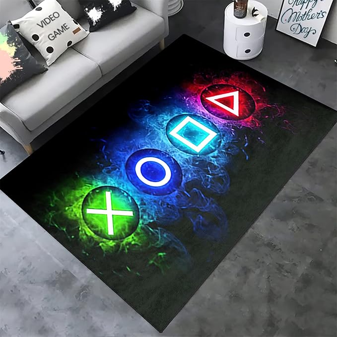 Video Game Controller Gamepad Home Decor Printed Large Area Rugs for Teen Boys Kids Play Bedroom, Black Polyester Fiber Floor Carpet Yoga Mat for Living Room