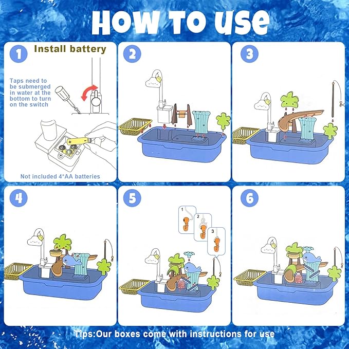 Play Sink with Running Water,Toddler Sink Toy with Automatic Water Cycle System,Sink Fishing Game Toy with Food Kitchen Accessories,Kids Role Play Dress Up Dishwasher Toys for Boys and Girls Present