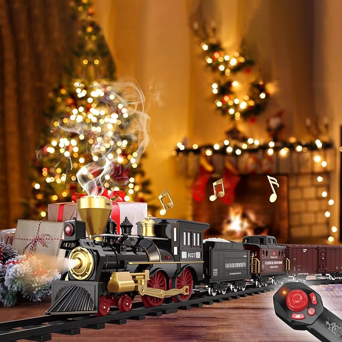 Remote Control Train Set for Kids Electric Steam Engine Locomotive, Cargo Car & Tracks,Trains w/Realistic Smoke,Sounds & Lights,Rechargeable Birthday Gifts for 3 4 5 6 7+ Years Old Boys Girls โฆ โฆ