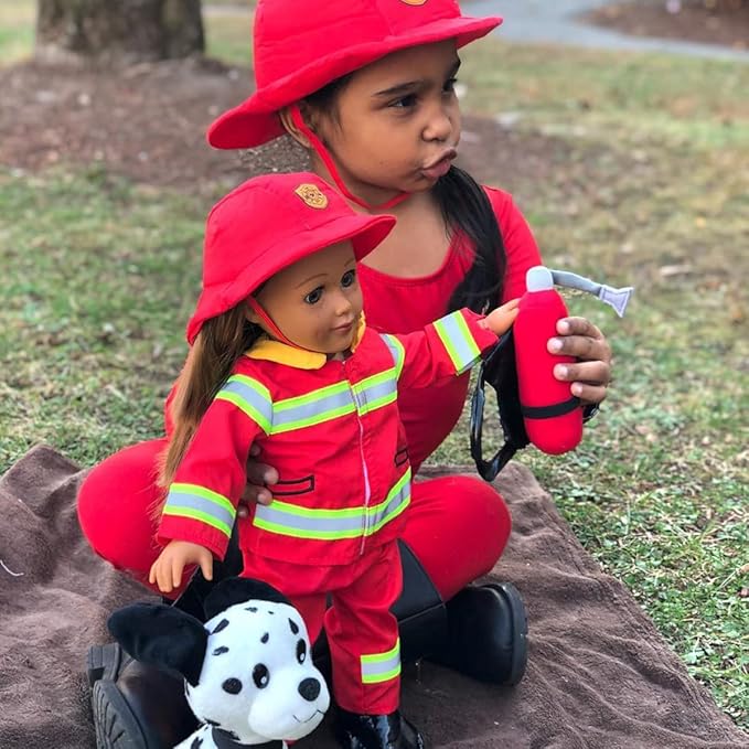 Playtime by Eimmie 18 Inch Doll Clothes - Firefighter Outfit, Matching Hat & Pet Dog Accessories Set - Outfits Fit American, Generation & Similar 18” Girls Dolls - Clothing Sets & Stuff for My Doll