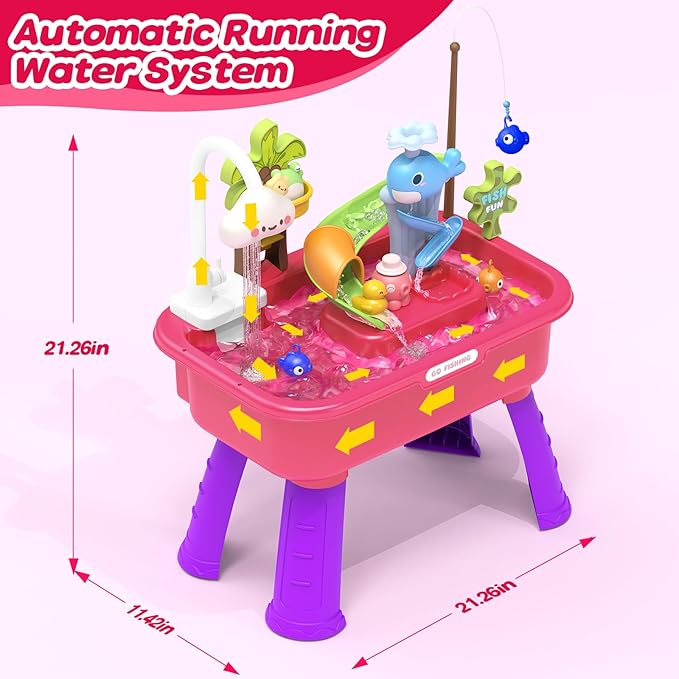 Kitchen Play Sink Toys with Running Water for Kid 4-8,4-in-1 Electric Water Table for Toddlers 1-3 with Water Pump,Animals, Food, Tableware,Color Changing Pretend Role Birthday Toy for Boy and Girl