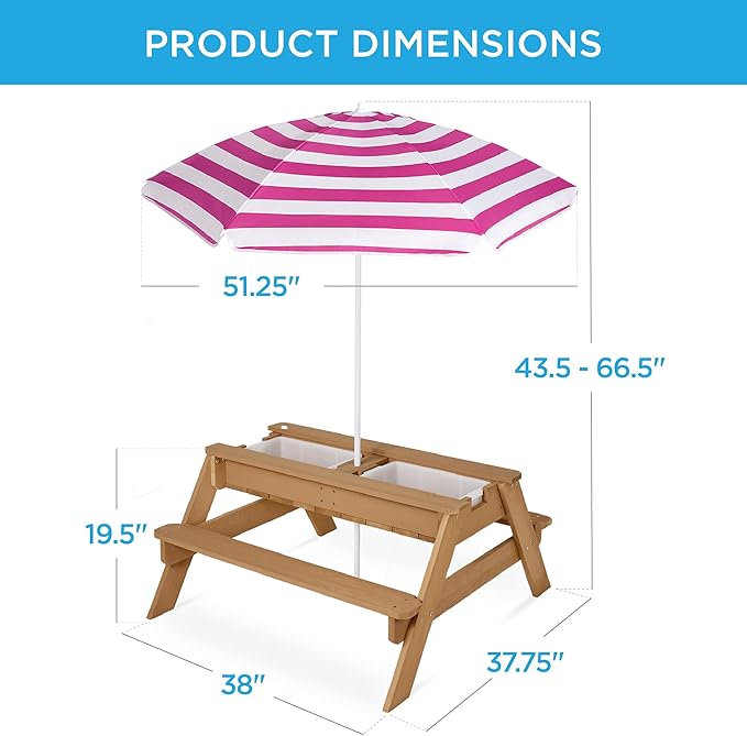 Best Choice Products Kids 3-in-1 Sand & Water Table, Wood Outdoor Convertible Picnic Table w/Umbrella, 2 Trays, Removable Top, 220lb Capacity Per Bench - Natural/Dark Pink