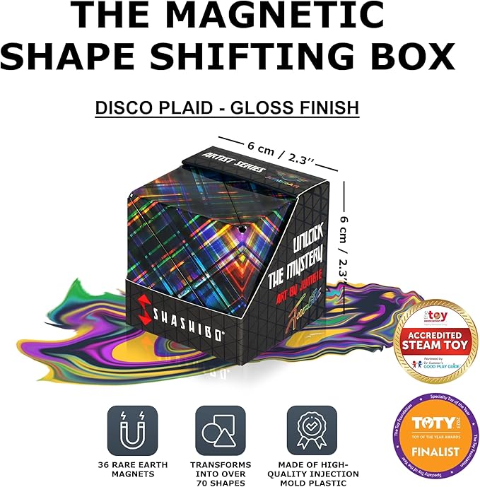 SHASHIBO Jumbie Shape Shifting Box - STEM Magnetic Fidget Cube That Transforms Into Over 70 Shapes, Download Fun in Motion Toys Mobile App (Disco Plaid)