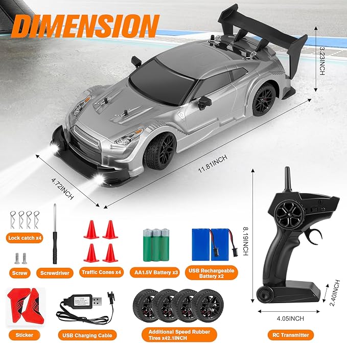 RC Drift Car, 1:16 Scale Drifting RC Cars, 2.4GHz 4WD RC Race Car, 40km/h High-Speed Remote Control Drift Car Vehicle, Racing Sport for Boys Girls Kids - 2 USB Rechargeable Batteries (Silver)