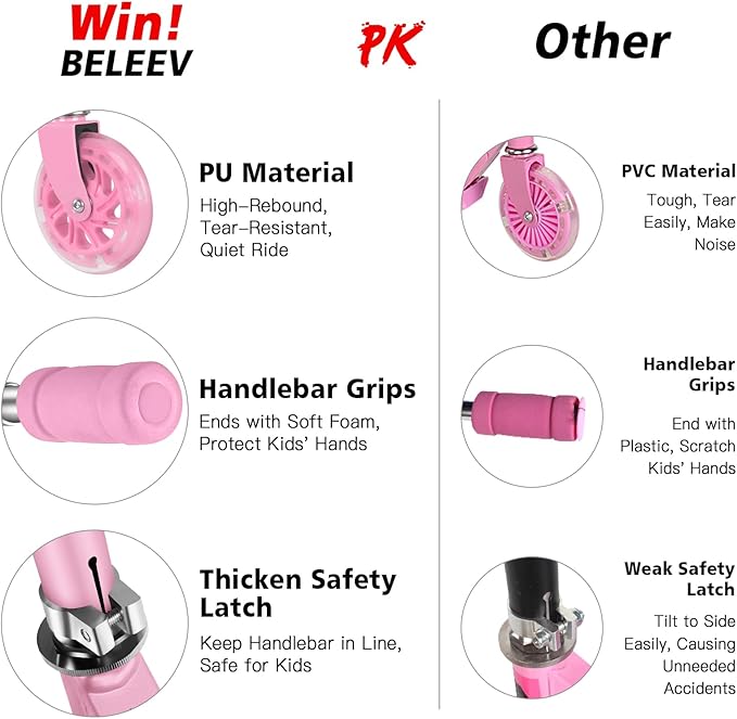 BELEEV V1 Scooters for Kids, 2 Wheel Folding Kick Scooter for Girls Boys, 3 Adjustable Height, Light Up Wheels, Lightweight Scooter with Sturdy Frame, Kickstand for Children 3 to 12 Years Old