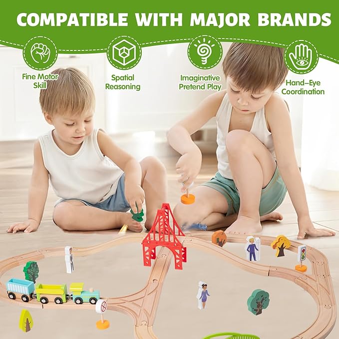 40 Pcs Wooden Train Set for Kids Ages 4-8, Wood Train Track with Magnetic Toy Train Accessories for Toddlers 3-5 Year Old Boy & Girl, Railway Set Road Sign Fit Major Brand Christmas Toy