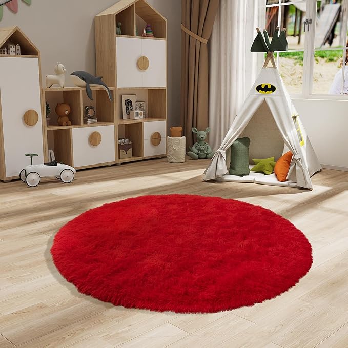 LOCHAS Luxury Round Fluffy Area Rugs for Bedroom Kids Girls Room Nursery, Super Soft Circle Rug, Cute Shaggy Carpet for Children Living Room, 5x5 Feet Red