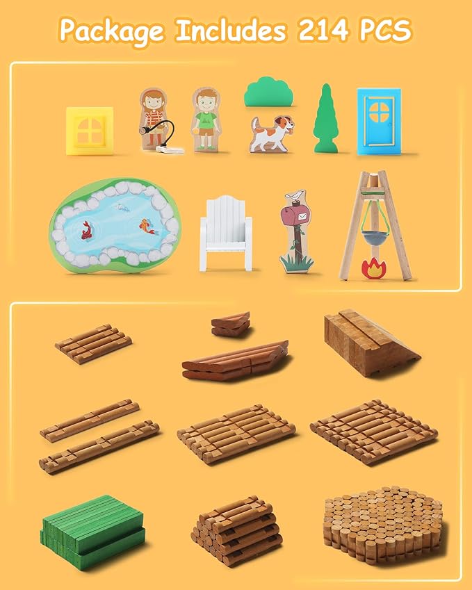 SainSmart Jr. 214 PCS Wooden Logs Cabin Set Ages 3, Building Log Gift for Boy/Girl, Creative Construction Engineering Educational Toy, Vacation Chalet