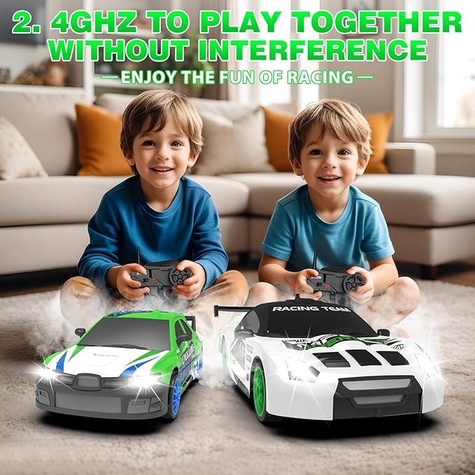 Remote Control Car RC Drift Car 2.4GHz 1:24 Scale 4WD 15KM/H High Speed, Rechargeable High Speed RC Cars with Cool Lights, Two Batteries and Extra Tires Toys for Kids