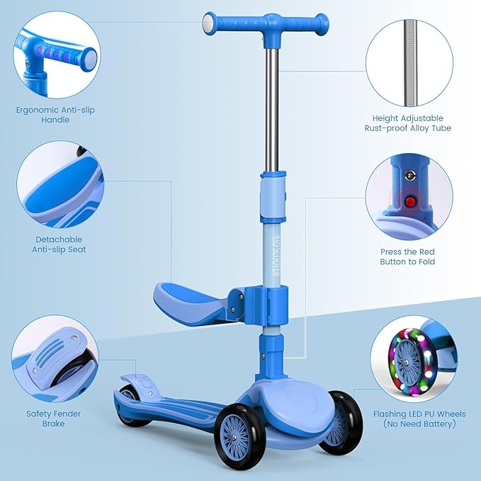 2-in-1 Adjustable Kick Scooter for Kids 3-5 (Suitable 3-12 Years),5-Level Handlebar & Removable Seat, LED Light-Up Wheels, Wide Deck, Foldable Design for Indoor/Outdoor Use - Girls & Boys