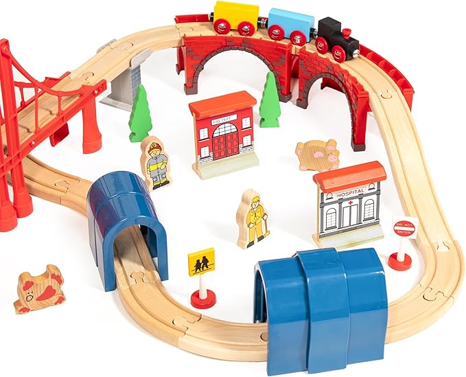 inc. Giant 60 pc Wooden Train Set - Complete Toy Railway w/Tracks, Engine, Cars, Bridges, Stations, People, Signs. Genuine Hardwood, Compatible with All Major Brand Accessories