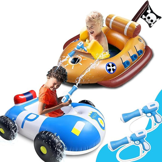 2 Pack Pool Floats Kids with Water Guns, Inflatable Pirate Ship & Police Car Pool Floaties Toys for 3-11 Years Kids Toddler Boys Girls Summer Outdoor Swimming Pool Party Games