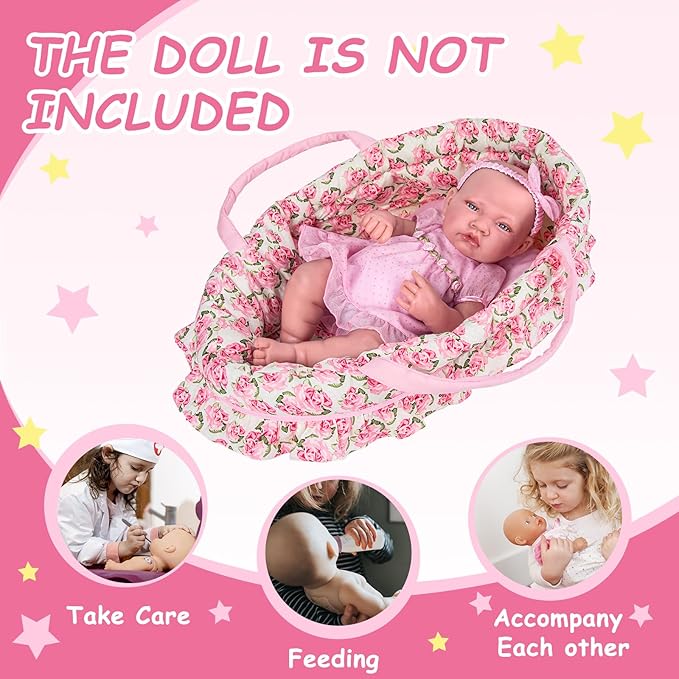 Doll Carry Cot Set, Sweet Dreams Soft Bassinet Doll Carrier Includes 1 Cot and 1 Pillow, Pink Flower Doll Bassinet, Fits for 16 Inch American Girl Dolls