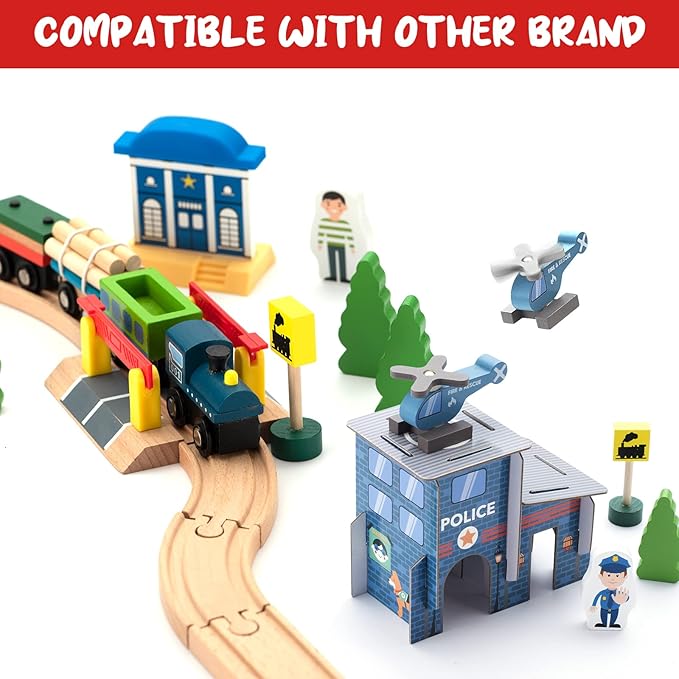 Wooden Train Set 65PCS, Toy Train Sets with All-Wood Double Sided Train Tracks for Boys & Girls Fits Thomas, Brio, Melissa and Doug...(65PC)