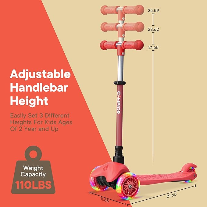 Red & Blue Mini 3 Wheel Scooter for Kids – Lean-to-Steer with LED Light-Up Wheels, Adjustable Handlebar, Wide Anti-Slip Deck, Smooth PU Wheels, Rear Foot Brake – Toddler Scooter for Ages 2+