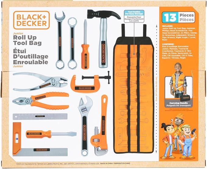 BLACK+DECKER Kids Tool Bag Set 13-Piece Junior Roll Up Bag Pretend Play Tools, Hammer, Phillips Screwdriver, Pliers, Adjustable Wrench & More! for Boys & Girls Ages 3+