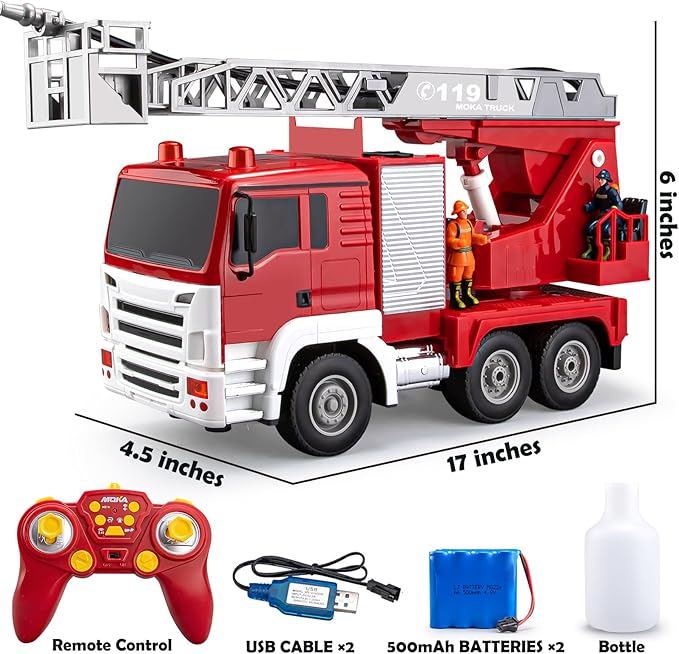 13 Channel RC Fire Truck Toy, 2.4G Large Remote Control Firetruck with Lights, Siren Sounds, Water Spraying, RC Car for Kids Boys 16.5"