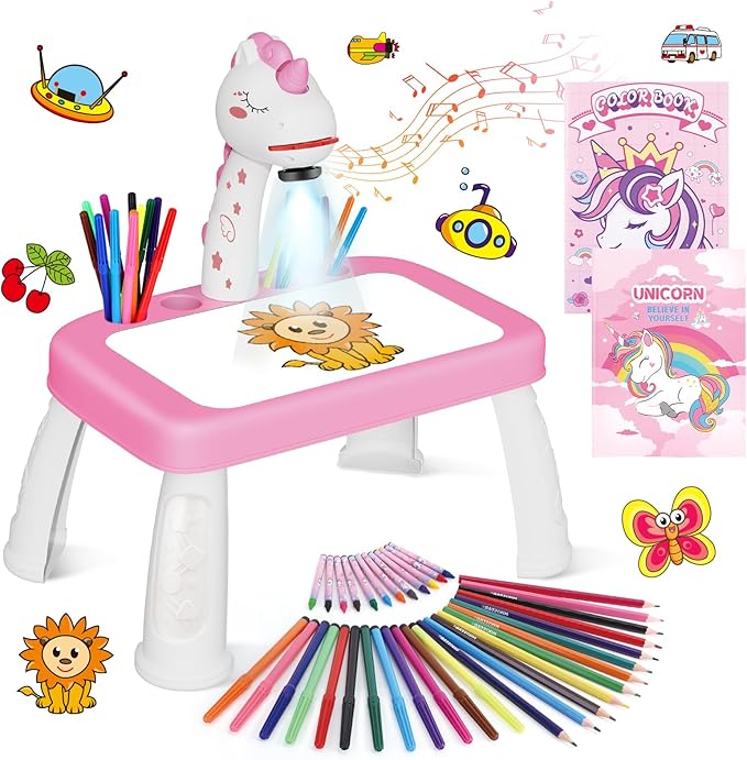 Drawing Projector for Kids, Art and Crafts, Drawing Board with Music, Color Pens, Pencils, Crayons, Scrapbook, Unicorn Sticker Book, Ideal Toy for 3+ Year Old Girls & Boys (Unicorn Kit)