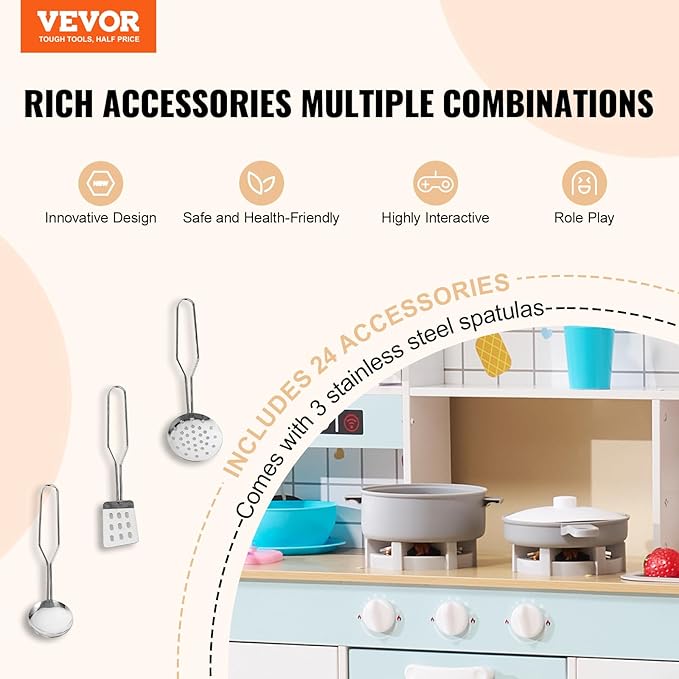 VEVOR Play Kitchen for Kids, Wooden Toy Kitchen Set with Lights and Sounds, Toddler Kitchen with Ice Maker, Oven, Sink, Microwaves, Fridge and Utensil and Fruit Accessory for Toddlers Ages 3-8, White