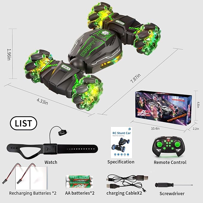 Remote Control Car, 2.4GHz 4WD Gesture Sensing RC Stunt Car, Drift Hand Controlled Twist Cars with Light & Music, Cool Birthday Gifts for Kids Boys Toy Age 6 7 8 9 10 11 12 Years Old(Green)