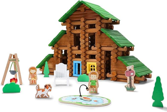 SainSmart Jr. 214 PCS Wooden Logs Cabin Set Ages 3, Building Log Gift for Boy/Girl, Creative Construction Engineering Educational Toy, Vacation Chalet