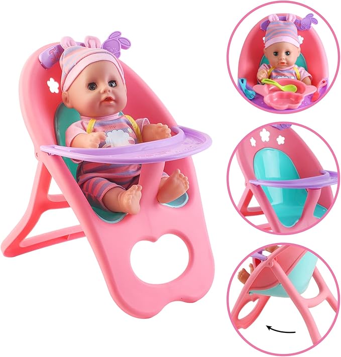deAO 12” Baby Doll Play Set with Crib, Mobile, High Chair Feeding Accessories, Interactive Dolls for Girls Kids Pretend Play Baby Dolls 21 PCS