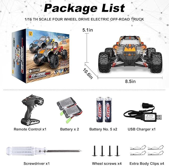 1:16 Scale RC Car for Beginners - 40MPH High Speed, 4X4 Waterproof Monster Truck with 2 Batteries & Tools - Best Gift for Boys 8-14