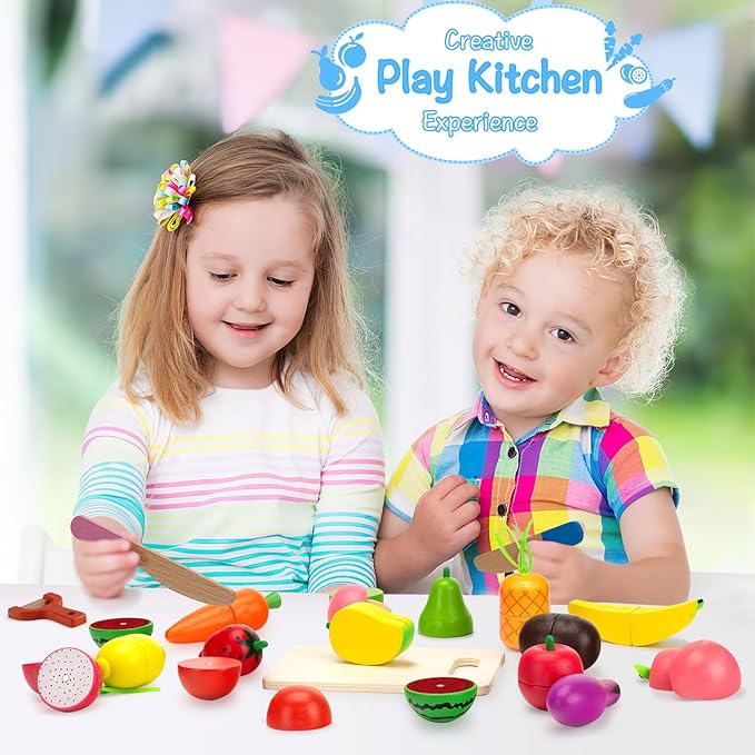 Wooden Play Food Sets for Kids Kitchen Fake Food Cutting Fruit and Vegetables Pretend Play Toddler Toys Food Montessori Toys for 3 4 5 6 7 Years Old Gifts for Boys and Girls