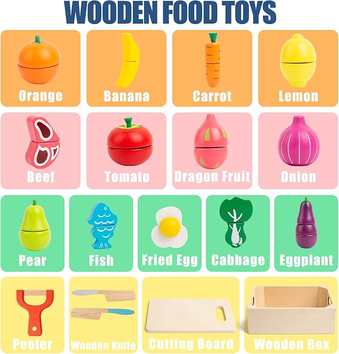 32 Pcs Wooden Play Food Sets for Kids Kitchen Accessories, Montessori Educational Toys Food, Pretend Play Food for Toddlers, Velcro Fruits and Vegetables Cutting Set for Kids Boys Girls